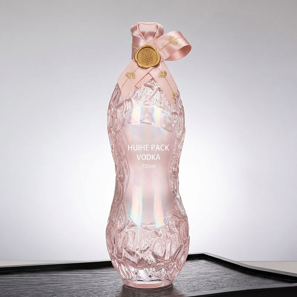 Botella de vodka de cristal rosa con acabado iridiscente 